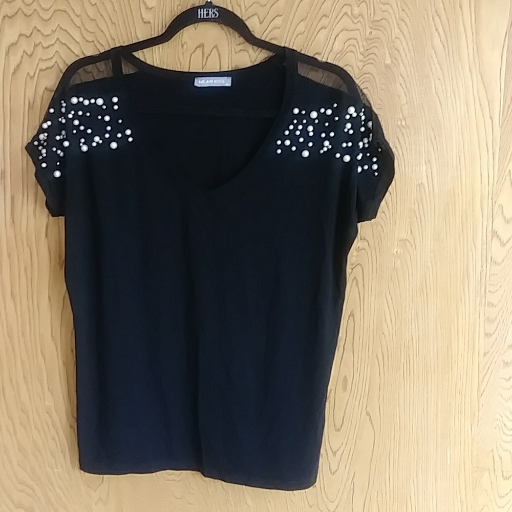 MILAN KISS Pearl beaded black V neck top.